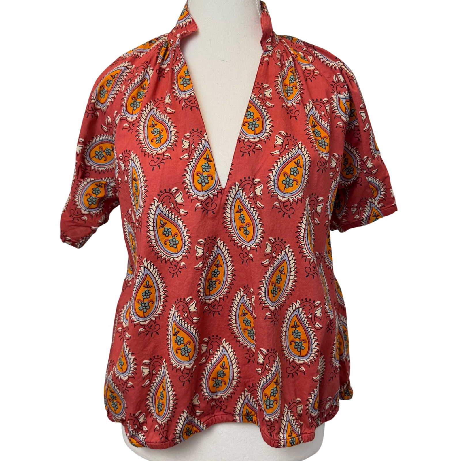 Livro Red Paisley Cotton V-Neck Puff Sleeve Blouse Top Medium